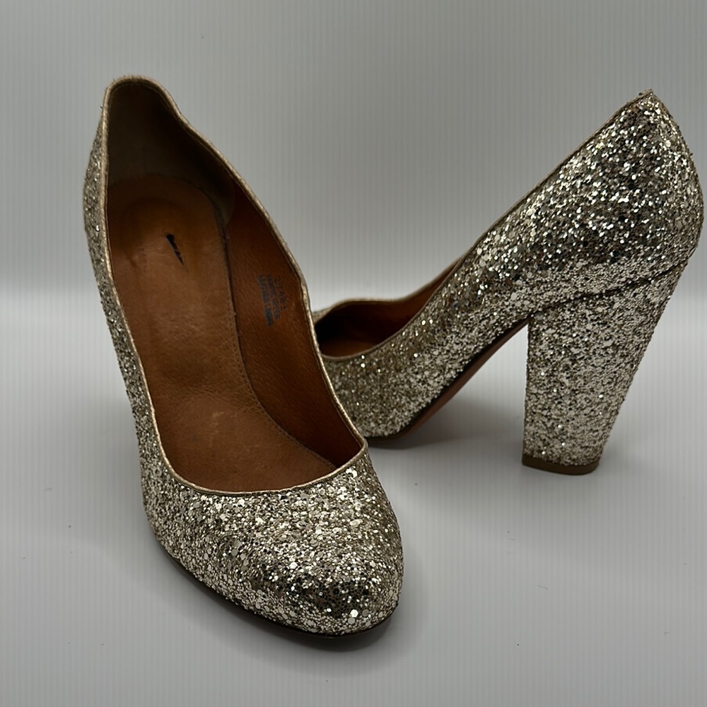 1937 Footwear Sz 9 Sparkling Gold Glitter Block Heels with Rounded Toe Italy - Picture 3 of 11